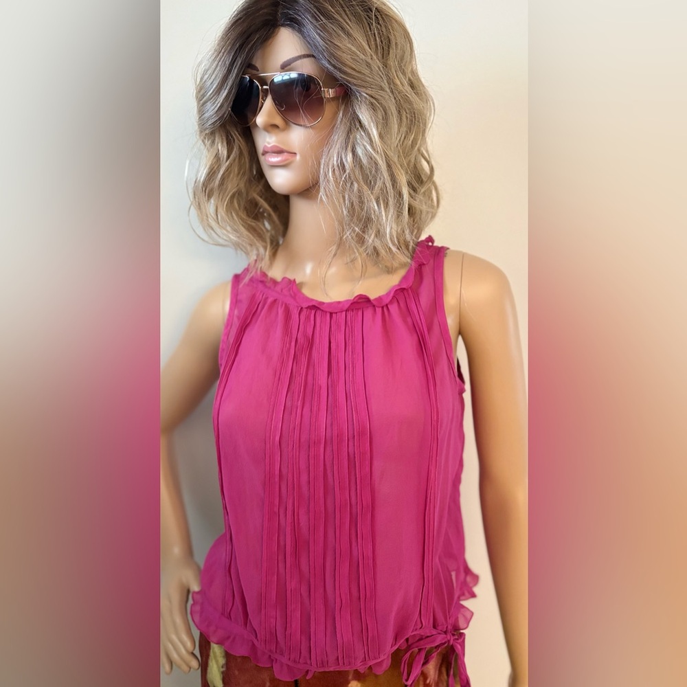 Ann Taylor Pink Sleeveless Ruffle Side Tie Summer Top Size MP bra snap button.